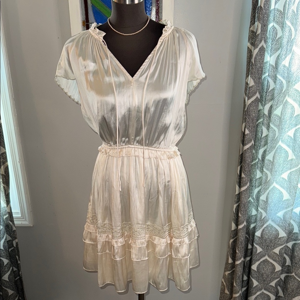Current Air Ivory Satin Flutter Sleeve Embroidered Midi Dress